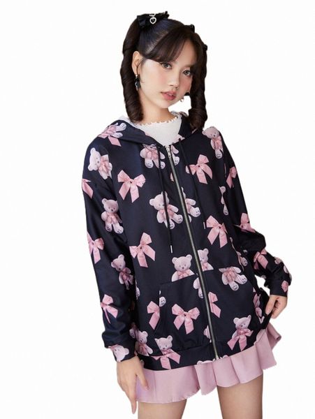 

women's hoodies & sweatshirts romwe kawaii bear print zip up hoodie b6pr#, Black