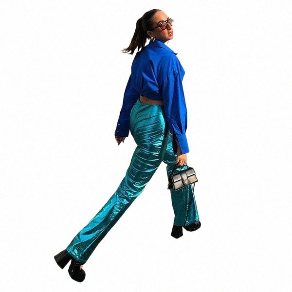 

women's pants & capris women's pants & capris 2021 fashion glossy women trouser high waist green casual loose blue autumn winter w, Black;white