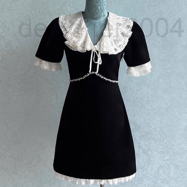 

casual dresses designer miu velvet dress handmade diamond inlaid french romantic lace ruffle short sleeve waist closed skirt autumn xkgm, Black;gray
