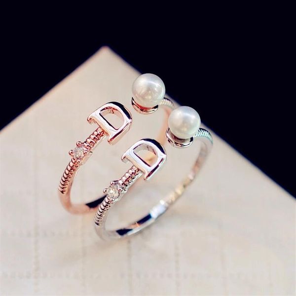 

2021 european brand gold plated letter d ring fashion pearl ring vintage charms rings for wedding party vintage finger ring costum2605, Silver