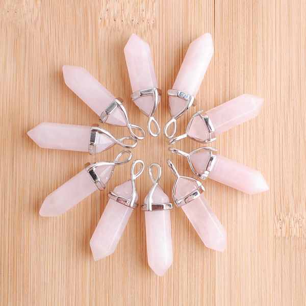 

natural stone rose pink quartz pendants bullet hexagonal column reiki chakra women jewelry gift n3032, Silver