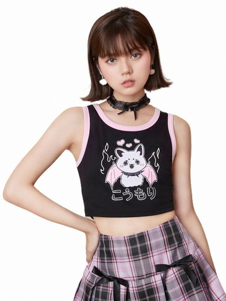 

women's tanks & camis romwe kawaii cartoon & letter graphic contrast binding tank y5ef#, White