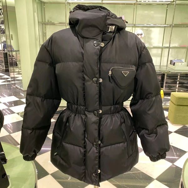 

designer re-nylon down jacket for women padded coat belt buckle long sleeves, Black