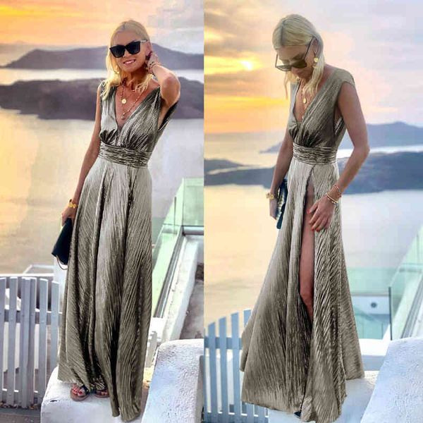 

casual dresses spring and summer v-neck split dress fashion casual party bronzing 7rr9, Black;gray