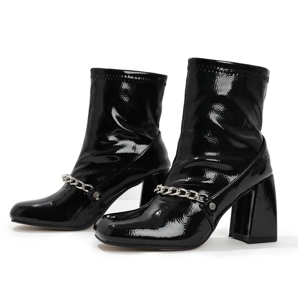 

winter women's motorcycle leather ankle boots 2022 high thick heels square toe fashion nude boot mid-tube martin booties, Black