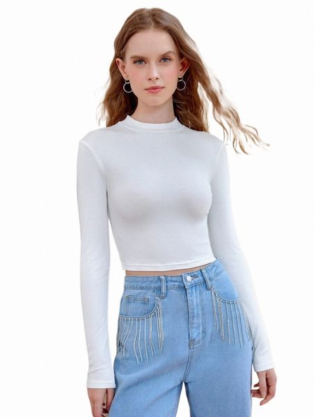 

women's t-shirt mod solid rib-knit crop tee 2022 new s8ec#, White