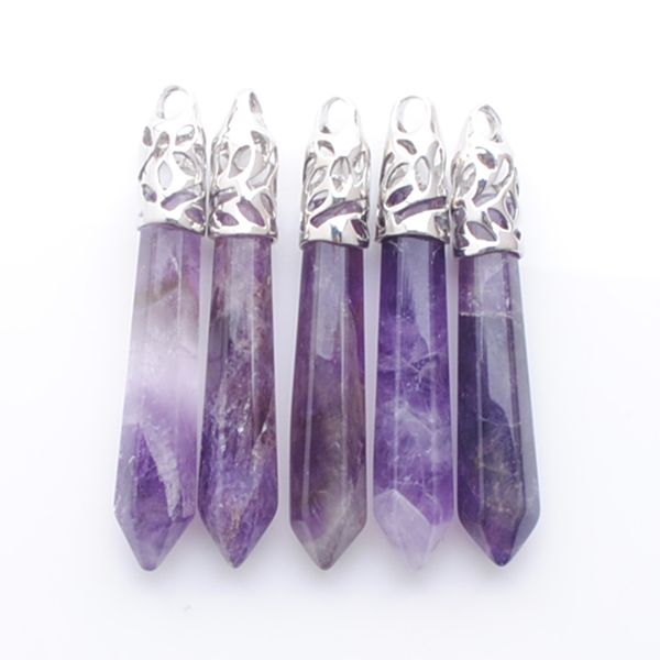 

reiki amethysts pendant natural stone beads long hexagonal prism healing point necklace pendants men women jewelry n3012, Silver