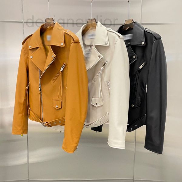 

women's leather & faux designer 2021 long sleeve korean style luxurious belt less straight tube yellow lapel hoodless leather zipper ja, Black