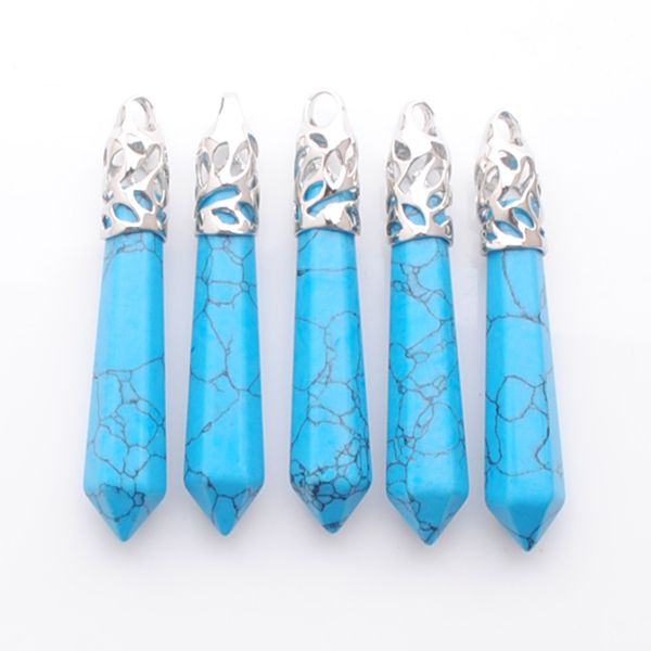 

natural stone blue turquoises hexagonal reiki chakra pendulum pendants for jewelry making women necklace accessories n3004, Silver