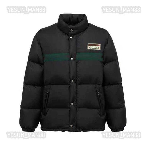 

g designer winter mens and womens down jacket cotton red and blue ribbon printing thickened warm puffer jacket fashion stand collar parkas, Black