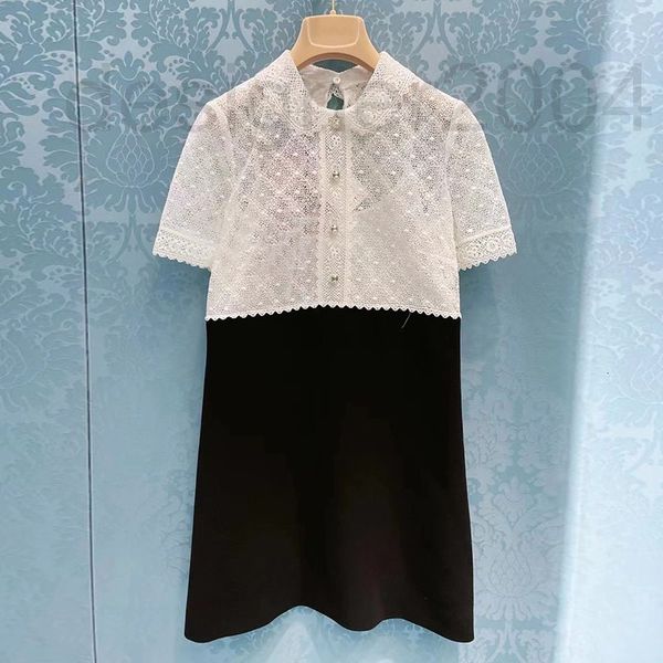 

casual dresses designer miu home embroidered patchwork dress celebrity temperament a-line skirt short sleeve lapel summer new style miao yb, Black;gray