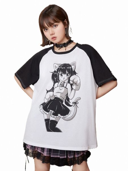 

women's t-shirt romwe anime figure graphic colorblock tee 99dx#, White