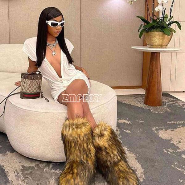 

boots new designer winter women boots warm fluffy fake fur snow boots outdoor slip on shoes female cozy fuzzy cotton boot lovely shoes 22090, Black