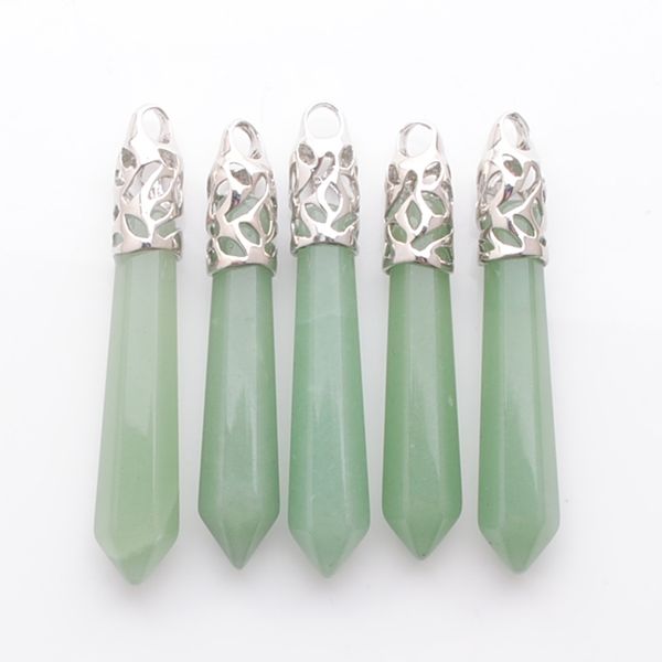 

natural stone aventurine beads hexagonal prism healing reiki point necklace pendants men women jewelry gift charms n3003, Silver