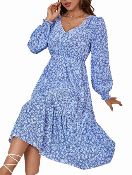 

casual dresses ditsy floral print ruffle hem v neck dress m9cm#, Black;gray