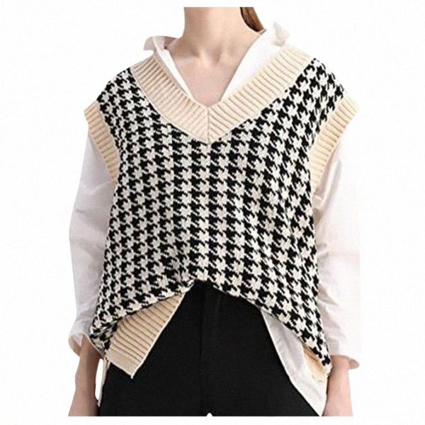 

women's vests women's vests oversized fashion women knit vest sweater print loose v-neck sleeveless side vents chic waistcoat fem, Black;white