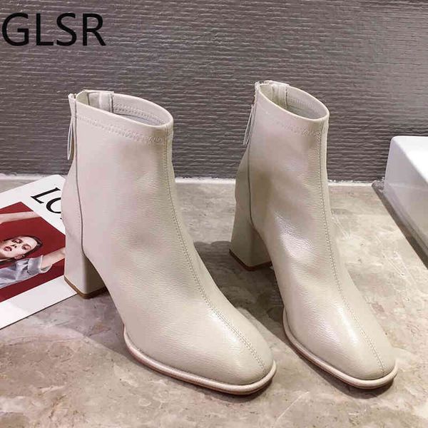

boots luxury brand women beige 7cm block high heels ankle winter female square nose chelsea quality short 220903, Black