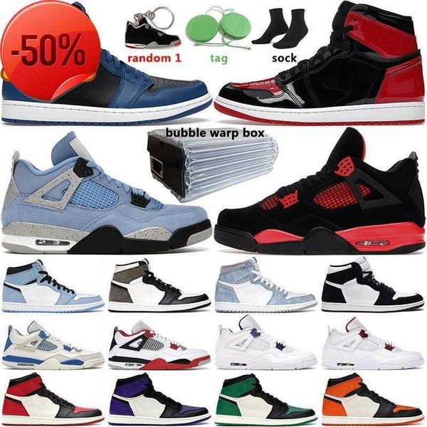 

boots og box basketball shoes dark marina blue 1s patent bred men women 4s university blue sail red thunder white oreo sports mens trainer, Black
