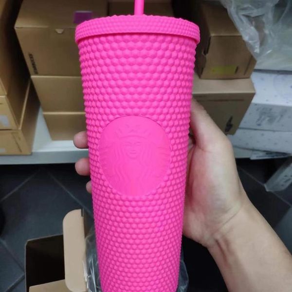 

2021 summer limited edition starbucks pink studded mugs double plastic with straws pet material for kids girlfirend gift pro227q