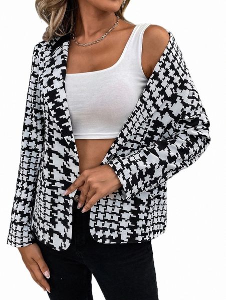 

women's two piece pants houndstooth print lapel neck blazer d0yb#, White