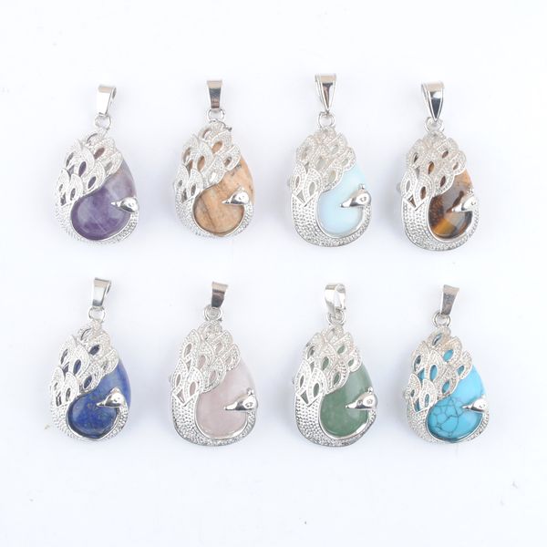

new arrivals peacock pendant natural raw gem stone teardrop lapis crystal lucky jewelry for female jewelry gift bn464, Silver