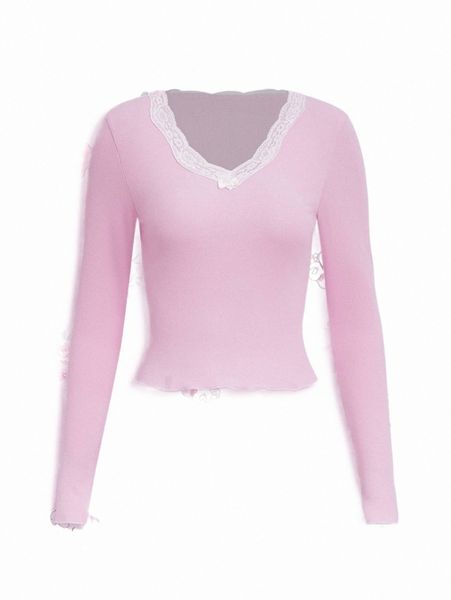 

women's t-shirt romwe kawaii contrast lace ribbed tee h7go#, White