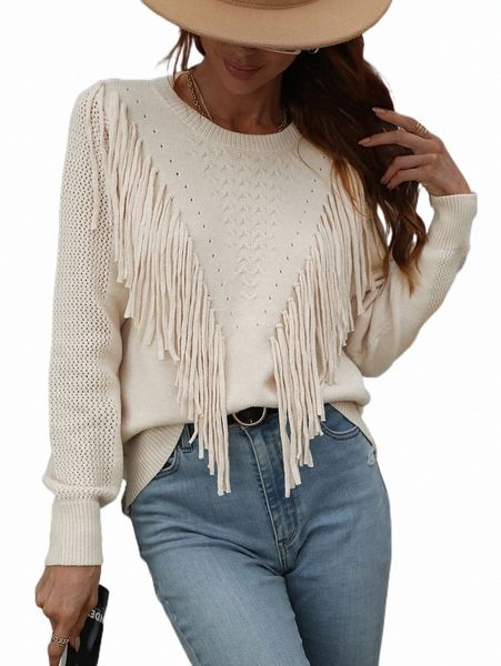 

women's sweaters fringe trim pointelle knit sweater 65c9#, White;black