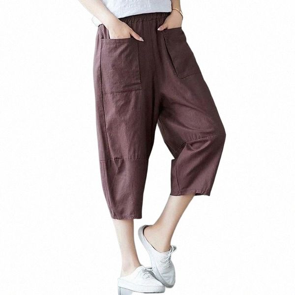 

women's pants & capris summer arts style women loose casual elastic waist harem pants cotton linen big pocket patchwork calf-length w10, Black;white