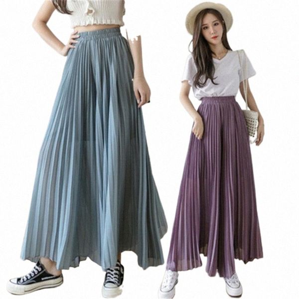 

women's pants & capris solid color wide leg pants women pleated elastic high waist loose trousers summer casual flowing chiffon zy5530, Black;white