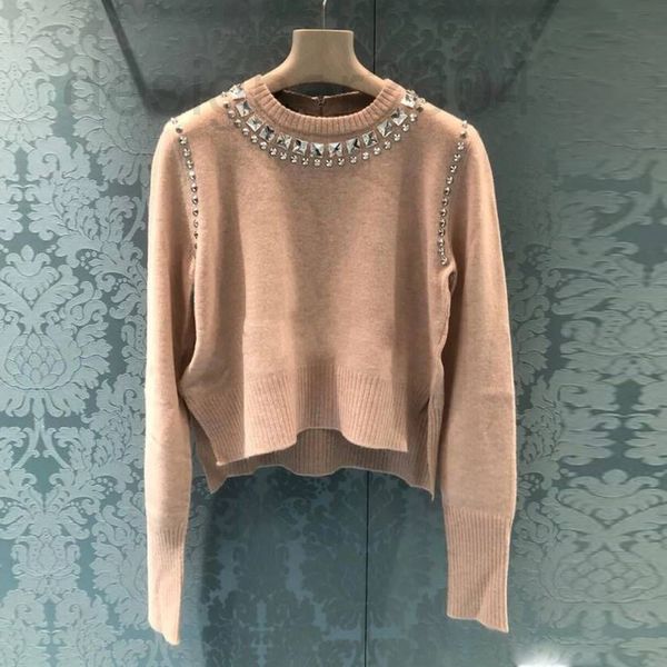 

women's sweaters designer miu home diamond studded round neck sweater heavy industry beaded fashion long sleeve bottomed pullover autum, White;black