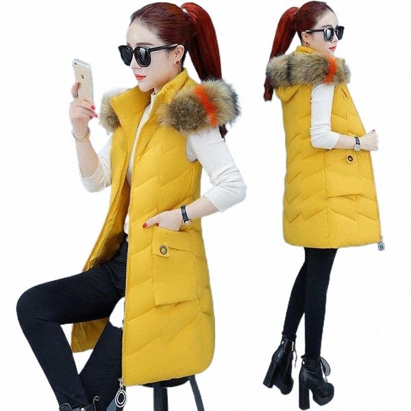 

women's vests women's vests autumn and winter korean down cotton vest women parkas 2021 mid-length slim plus size fur collar waist, Black;white