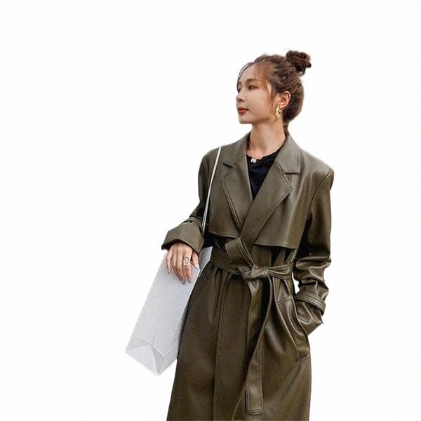

women's trench coats women's trench coats autumn winter long oversized pu leather coat women 2021 sleeve sashes loose faux fashion, Tan;black