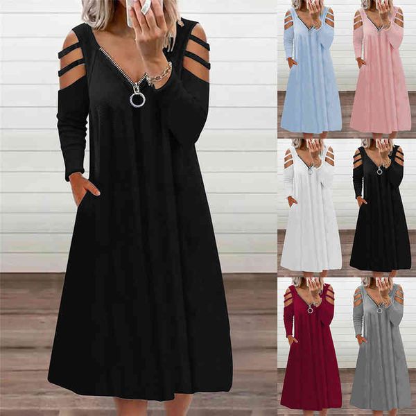 

casual dresses autumn women's zipper v-neck solid color long sleeve dress ky0b, Black;gray