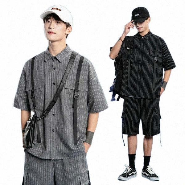 

men's tracksuits men's tracksuits 2022 men casual shorts sets summer short sleeve striped t-shirt knee length straight pants cotto, Gray