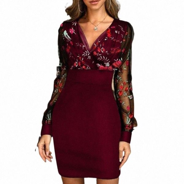 

casual dresses casual dresses women floral embroidery mesh v neck long sleeve bodycon party banquet mini dress i5e3#, Black;gray