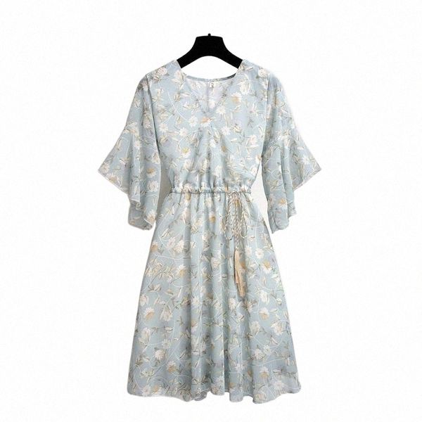 

casual dresses casual dresses spring summer chiffon dress women knee length v-neck print sweet ruffle sleeeve slim drawstring k5ou#, Black;gray