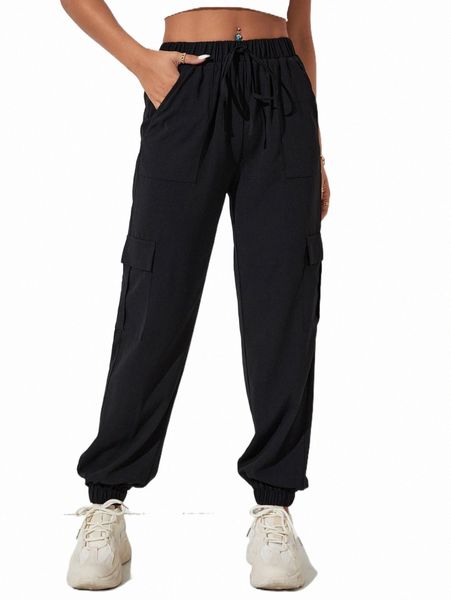 

women's pants & capris petite flap pocket knot waist cargo pants 42j3#, Black;white