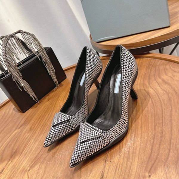 

fashion dress shoes rhinestone leather pumps pointed toe stiletto sandals sizes 35-39, Black