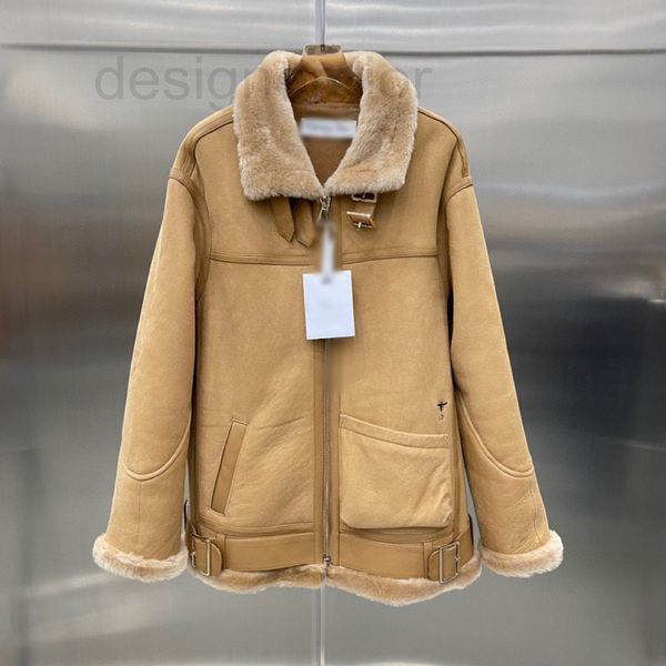 

women's jackets designer cd2021 winter new leather wool fur integrated temperament luxurious lapel long sleeve medium length coat coxw, Black;brown