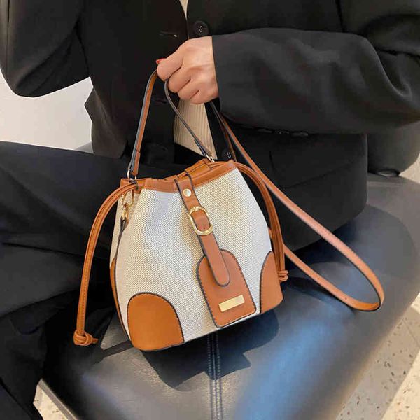 

bags contrast bucket bag women's 2022 summer new single shoulder bag canvas splicing texture messenger purses