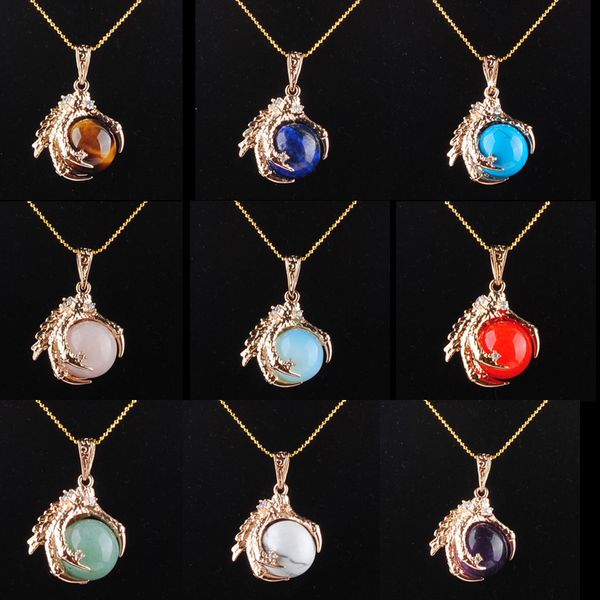 

new arrival natural stone pendants raw gem charm amulet round ball dragon claw crystal reiki chakra bead jewelry chain necklace 45cm bn308, Silver
