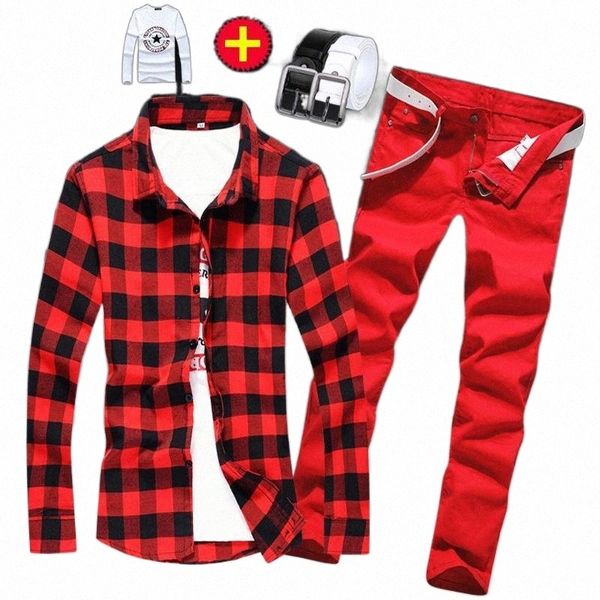 

men's tracksuits men's tracksuits spring autumn mens checks plaid long sleeve cotton shirts jeans pants 2pcs set casual male cloth, Gray