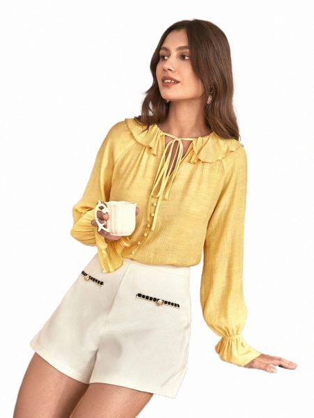 

women's blouses & shirts frenchy tie neck ruffle trim q6au#, White