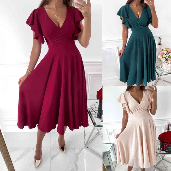 

casual dresses v-neck ruffle sleeve dress ins casual party women e7cx, Black;gray