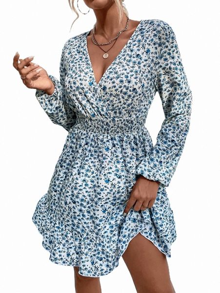 

casual dresses ditsy floral print lantern sleeve dress y8at#, Black;gray