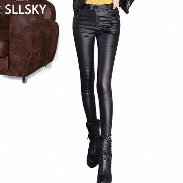 

women's pants & capris sllsky autumn women's leather pants female winter high waisted trousers women pu skinny stretch pencil pant, Black;white