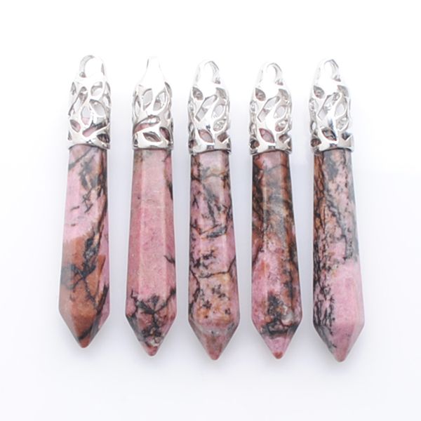 

natural gem stone hexagon pillar pendant healing rhodonite suspension for women men trendy jewelry n3826, Silver