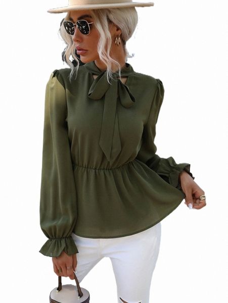 

women's blouses & shirts tie neck flounce sleeve peplum blouse 60rk#, White