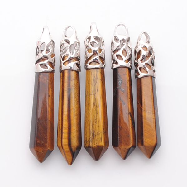

tigers eye stone hexagonal column pendulum pendant beads pointed reiki chakra pendants for men women jewelry charms n3009, Silver