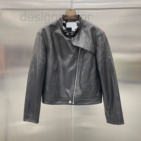 

women's leather & faux designer h family's new long sleeve zipper stand collar leather sheepskin temperament in early spring 2022, Black